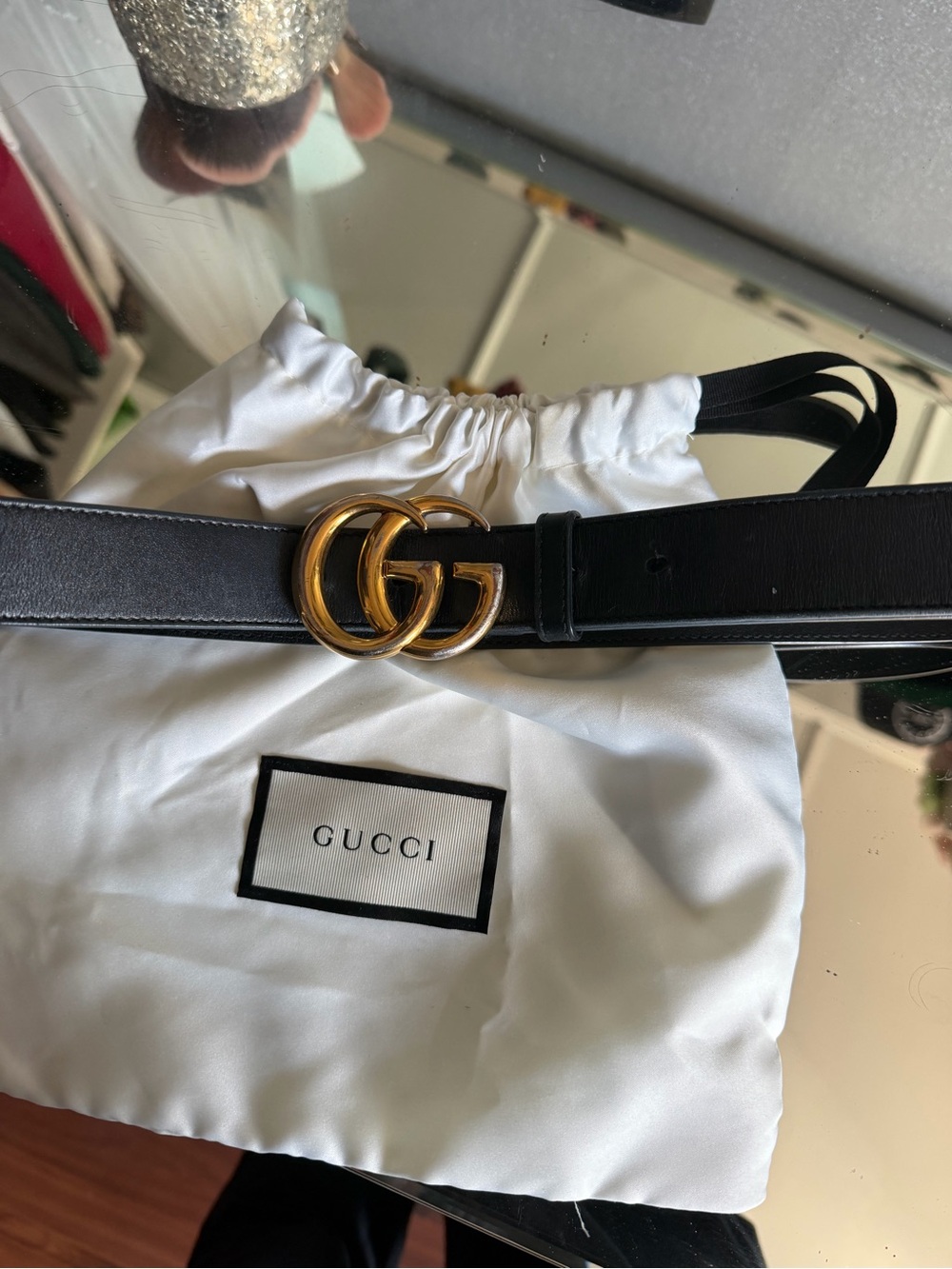 Gucci Black Leather Belt with Gold Double G Buckle